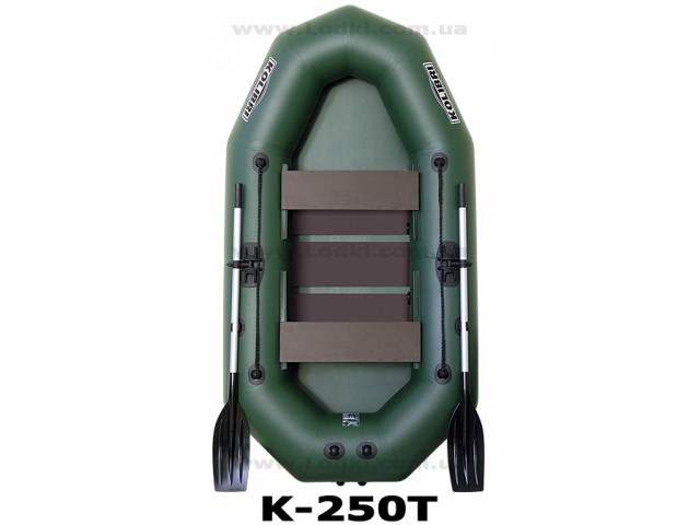 KOLIBRI - Надуваема ДВУМЕСТНА РИБАРСКА лодка "K-250T", Размери: 248x130 cm, Оребрено дъно, Уши за транцева дъска, Товароносимост: 212 кг, Цвят: Зелен