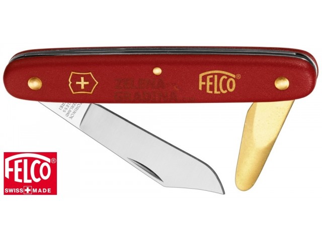 FELCO 3.91.10 - Ножче за присаждане на пъпкас червена пластмасова дръжка, с алуминиева облицовка отвътре и острие от неръждаема стомана с дължина 51 mm и допълнително месингово острие за повдигане на кората с дължина от 32 mm