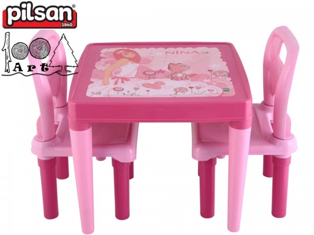 PILSAN 03414 - Детска пластмасова маса с 2 столчета, Цвят:Розов, Размери: 18x49.5x50.5 см, Тегло: 2,80 кг