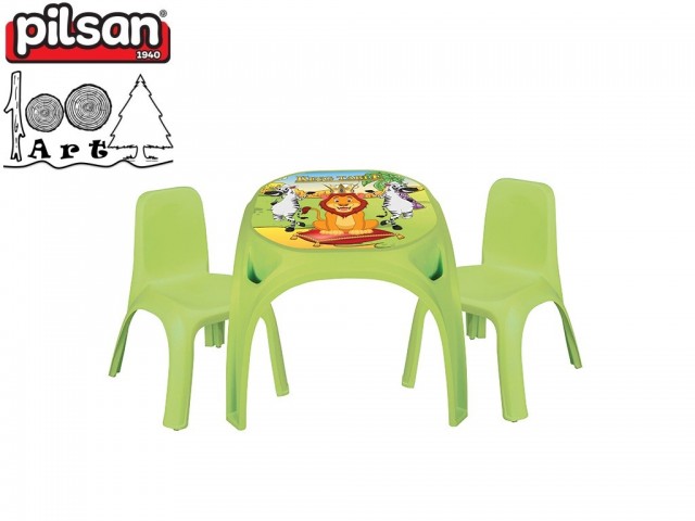 PILSAN 03422 - Детска пластмасова маса + 2 стола "KING", Цвят: Зелен, Размери: маса 50.5x64.5x64.5 см, стол: 56x43x43 см