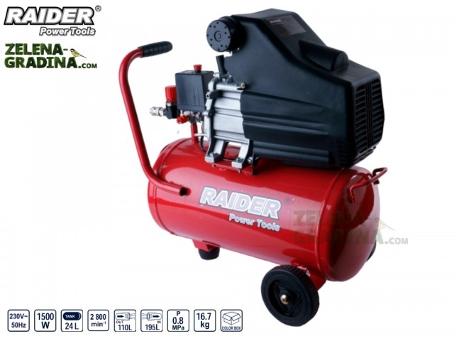 RAIDER 120103 - Компресор RAIDER RD-AC01A, Обем на резервоара: 24L, Мощност: 1.5 kW, Максимално налягане: 0,8 MPa